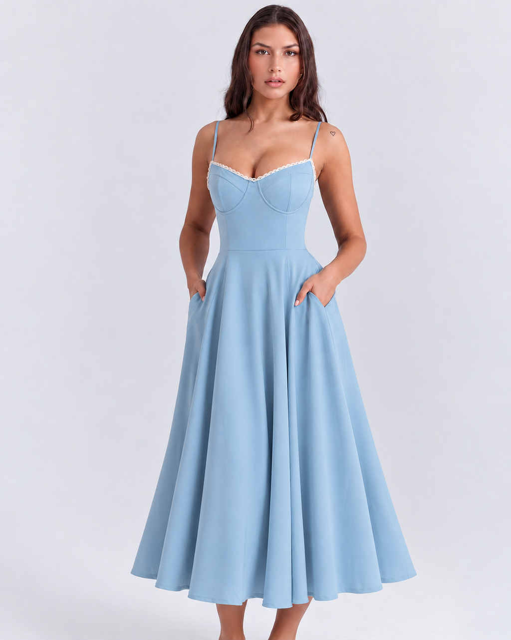 Woman wearing a corset A line midi dress with lace-trimmed sweetheart neckline and full circle skirt - view 40