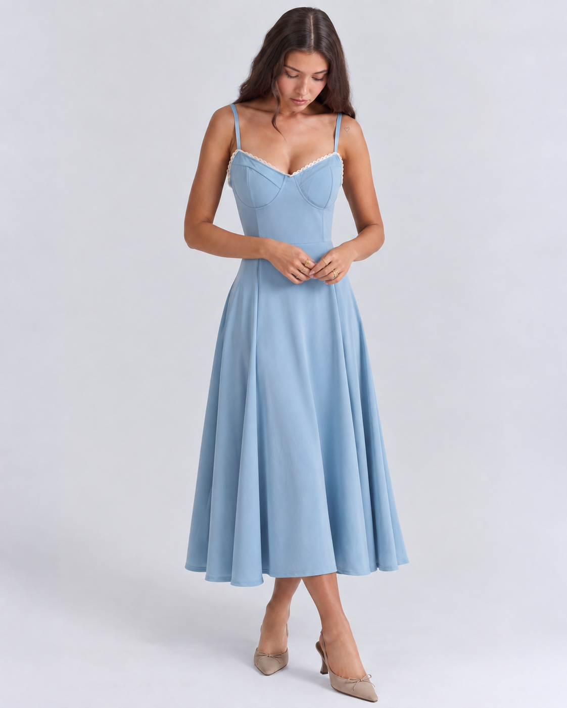 Woman wearing a corset A line midi dress with lace-trimmed sweetheart neckline and full circle skirt - view 41