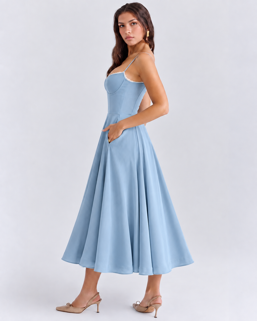 Woman wearing a corset A line midi dress with lace-trimmed sweetheart neckline and full circle skirt - view 42
