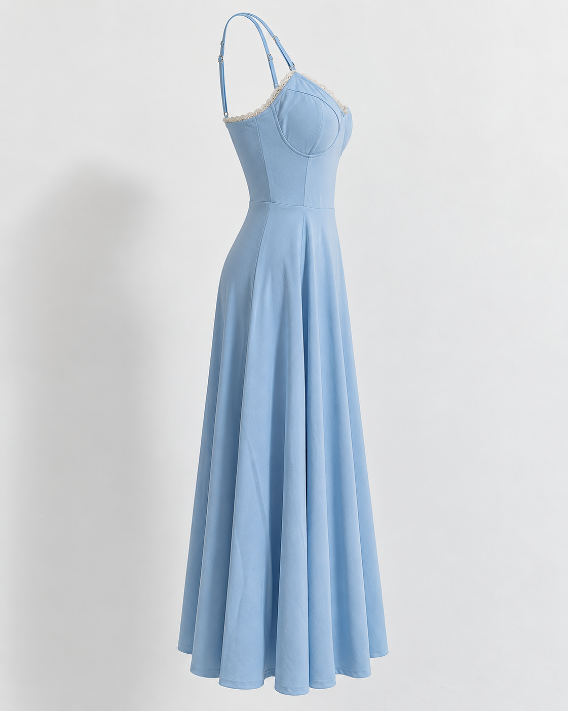 Woman wearing a corset A line midi dress with lace-trimmed sweetheart neckline and full circle skirt - view 44