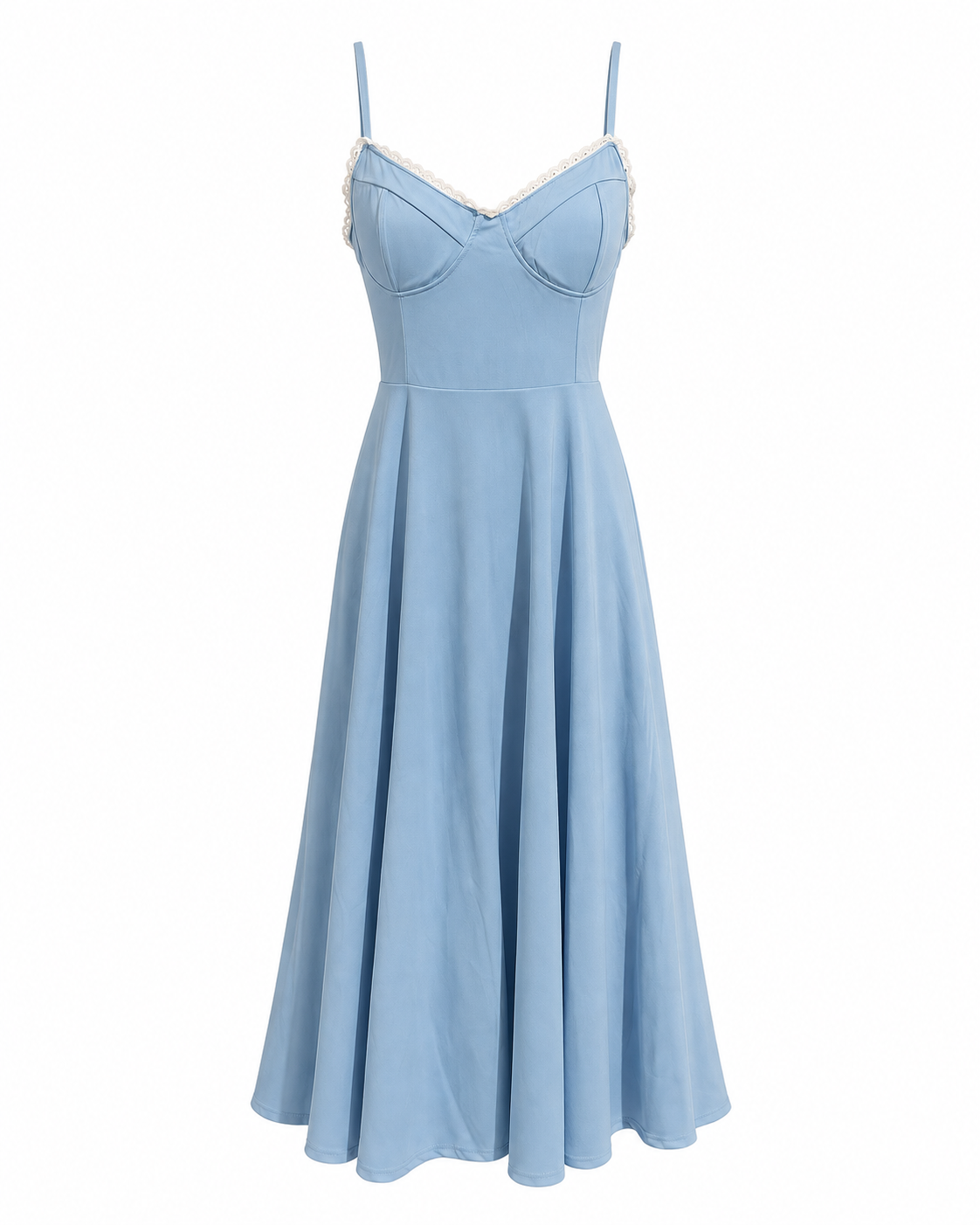 Woman wearing a corset A line midi dress with lace-trimmed sweetheart neckline and full circle skirt - view 45