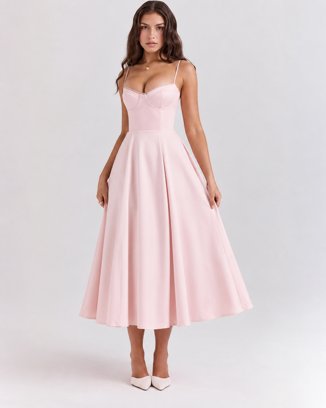 Woman wearing a corset A line midi dress with lace-trimmed sweetheart neckline and full circle skirt - view 5