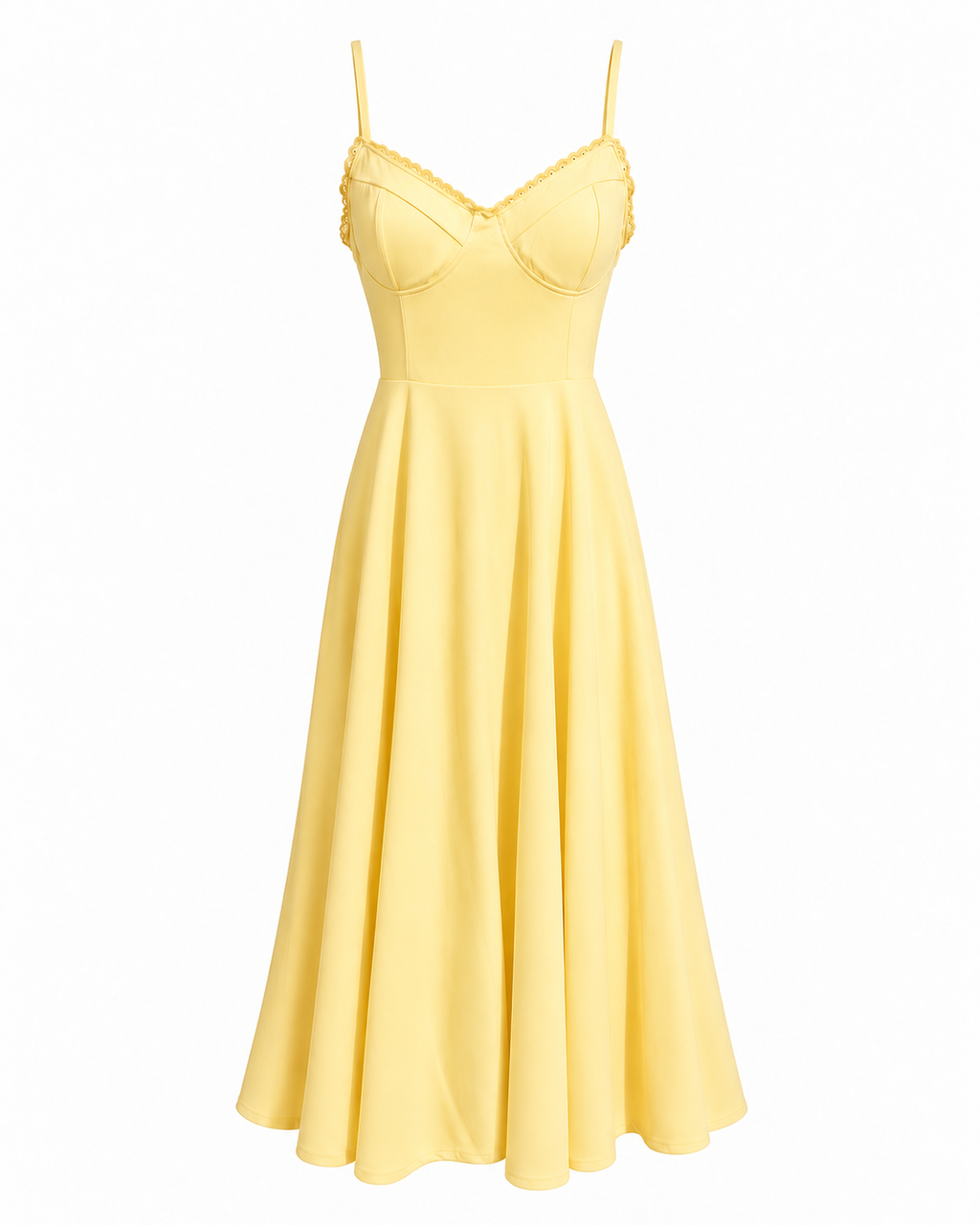 Woman wearing a corset A line midi dress with lace-trimmed sweetheart neckline and full circle skirt - view 7