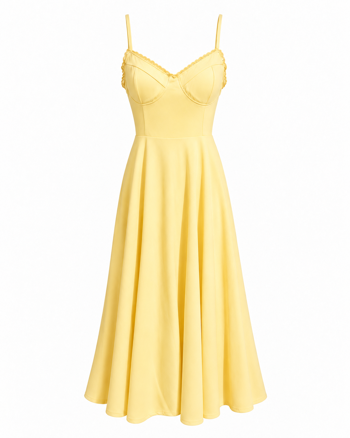 Woman wearing a corset A line midi dress with lace-trimmed sweetheart neckline and full circle skirt - view 7