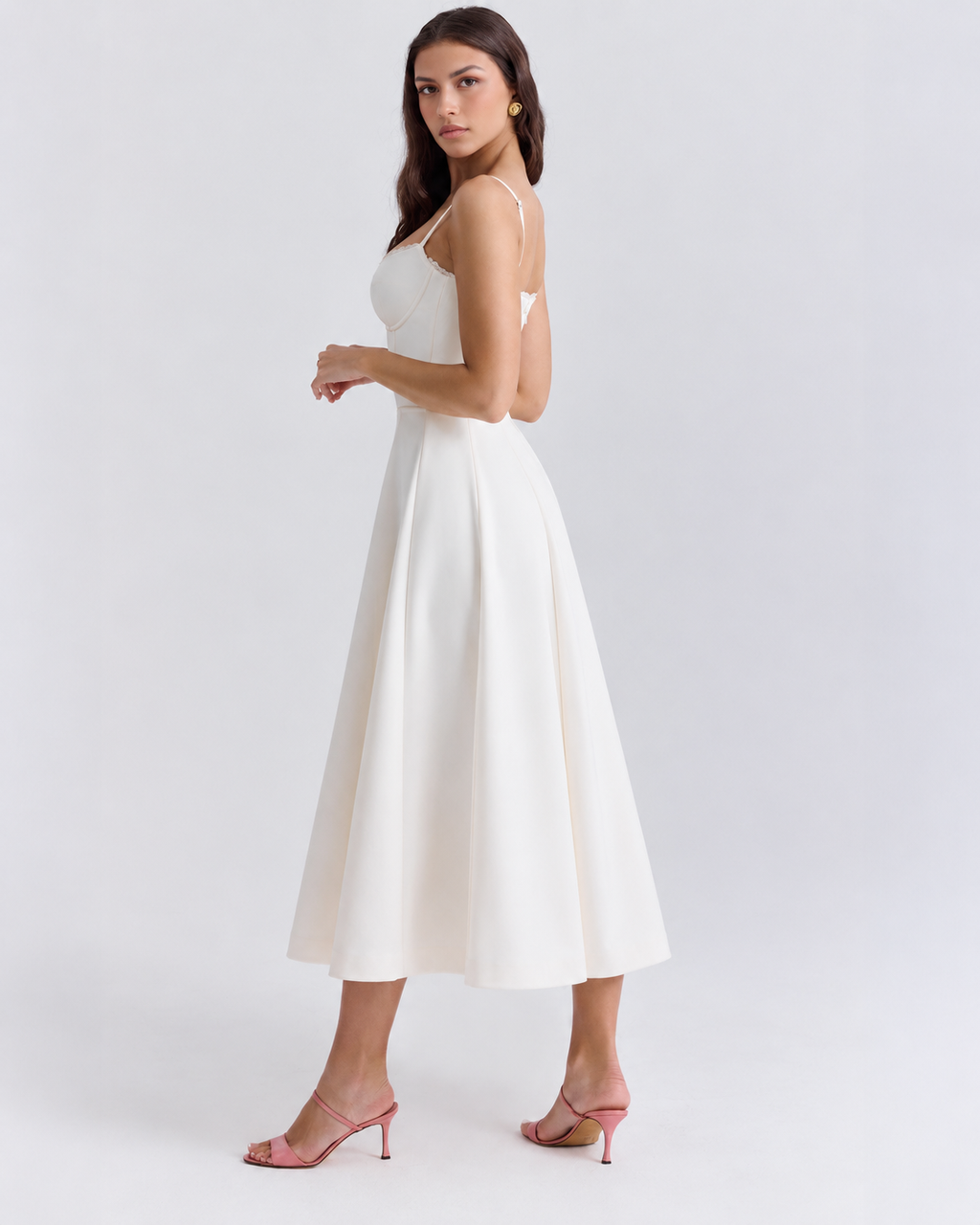 Woman wearing a corset A line midi dress with lace-trimmed sweetheart neckline and full circle skirt - view 8