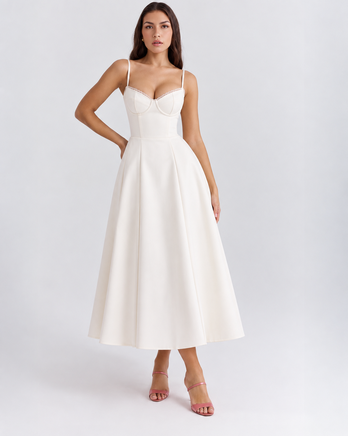 Woman wearing a corset A line midi dress with lace-trimmed sweetheart neckline and full circle skirt - view 9