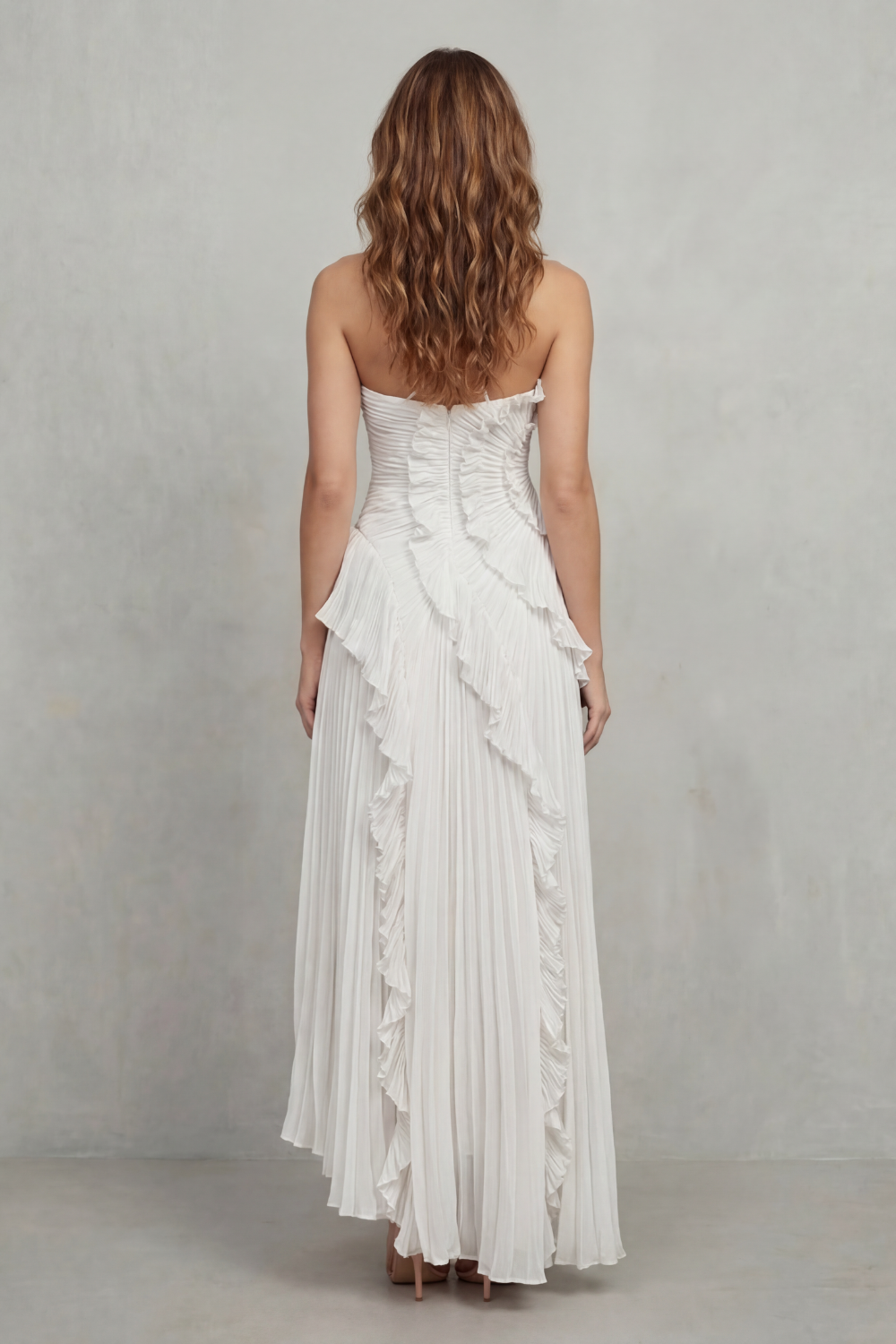 Pink pleated chiffon halter maxi dress with cascading ruffle detail and high-low hem - view 10