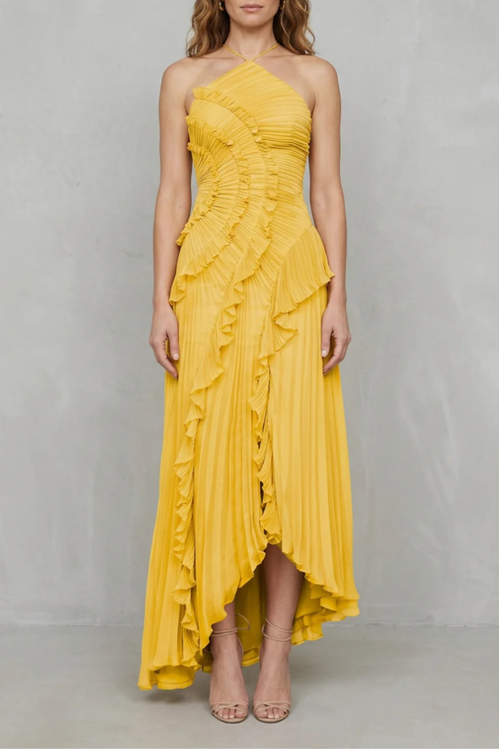 Pink pleated chiffon halter maxi dress with cascading ruffle detail and high-low hem - view 11