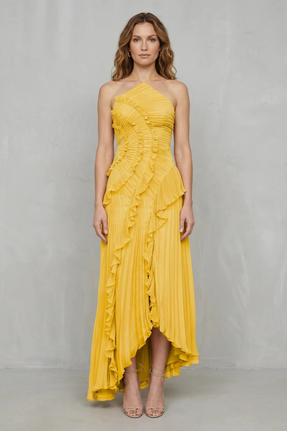 Pink pleated chiffon halter maxi dress with cascading ruffle detail and high-low hem - view 12