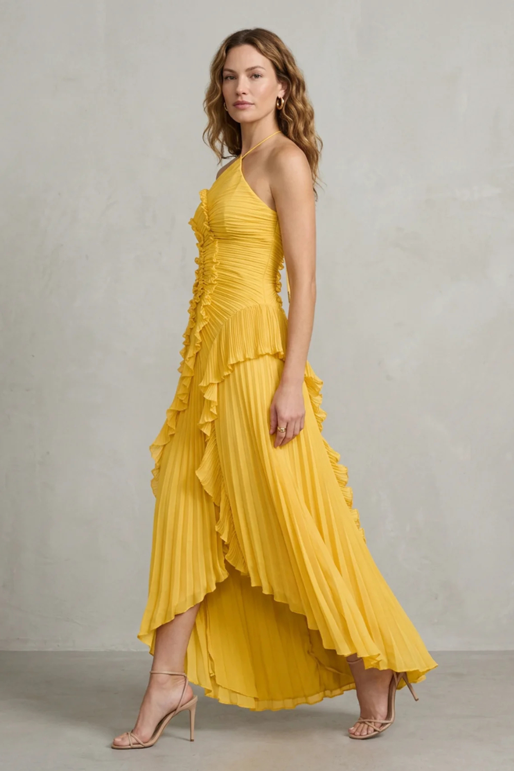 Pink pleated chiffon halter maxi dress with cascading ruffle detail and high-low hem - view 13