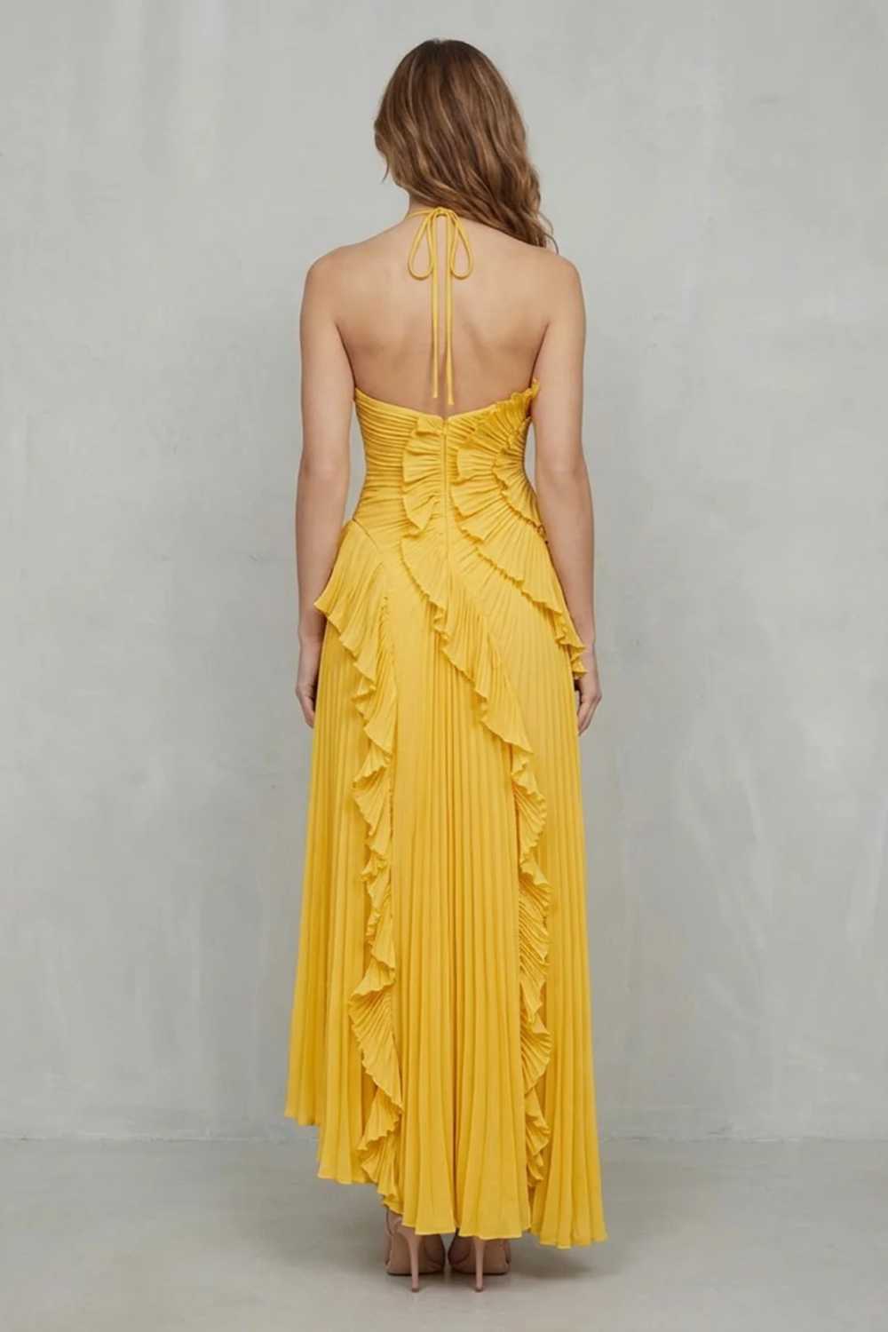 Pink pleated chiffon halter maxi dress with cascading ruffle detail and high-low hem - view 14