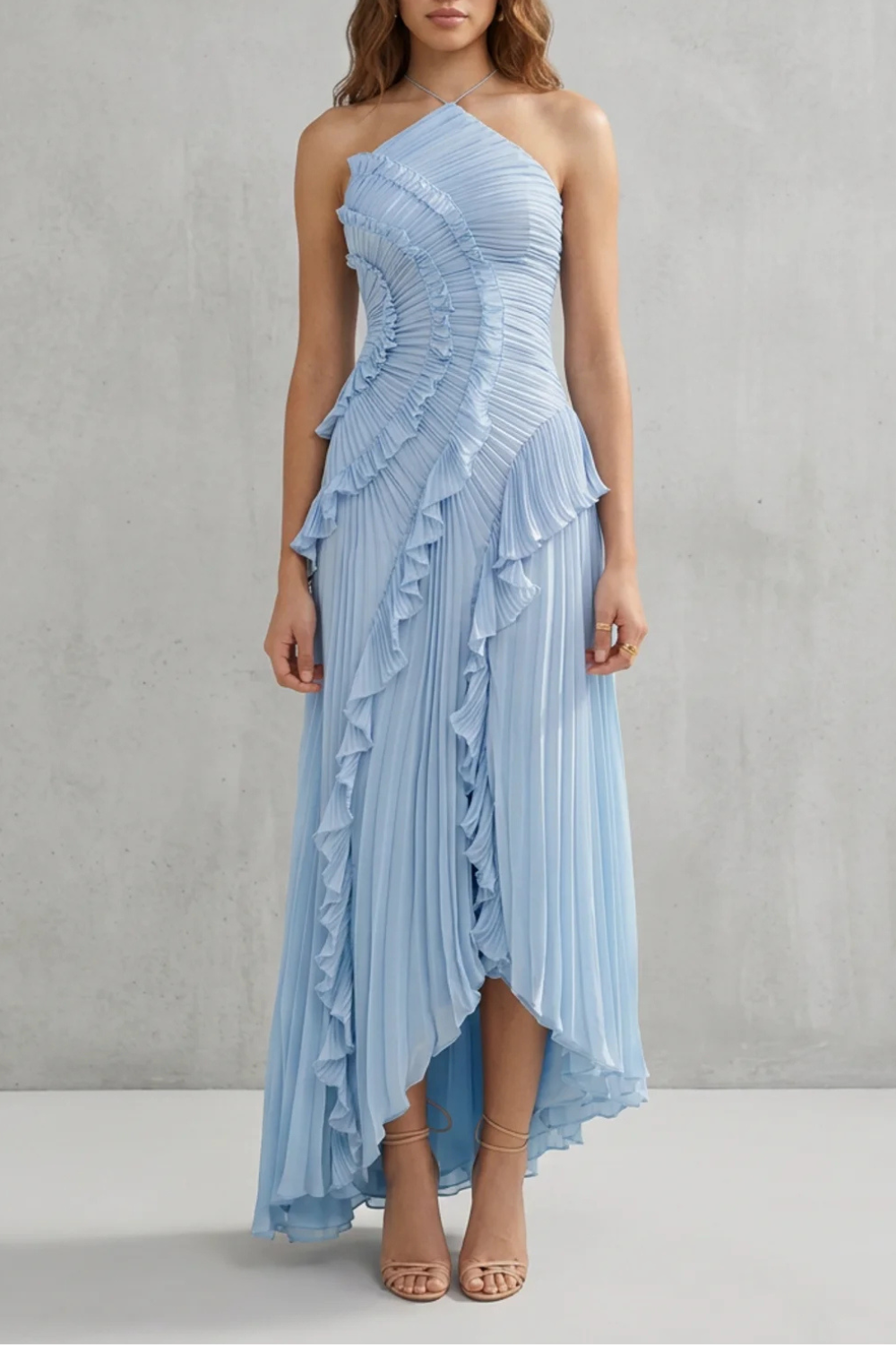 Pink pleated chiffon halter maxi dress with cascading ruffle detail and high-low hem - view 15