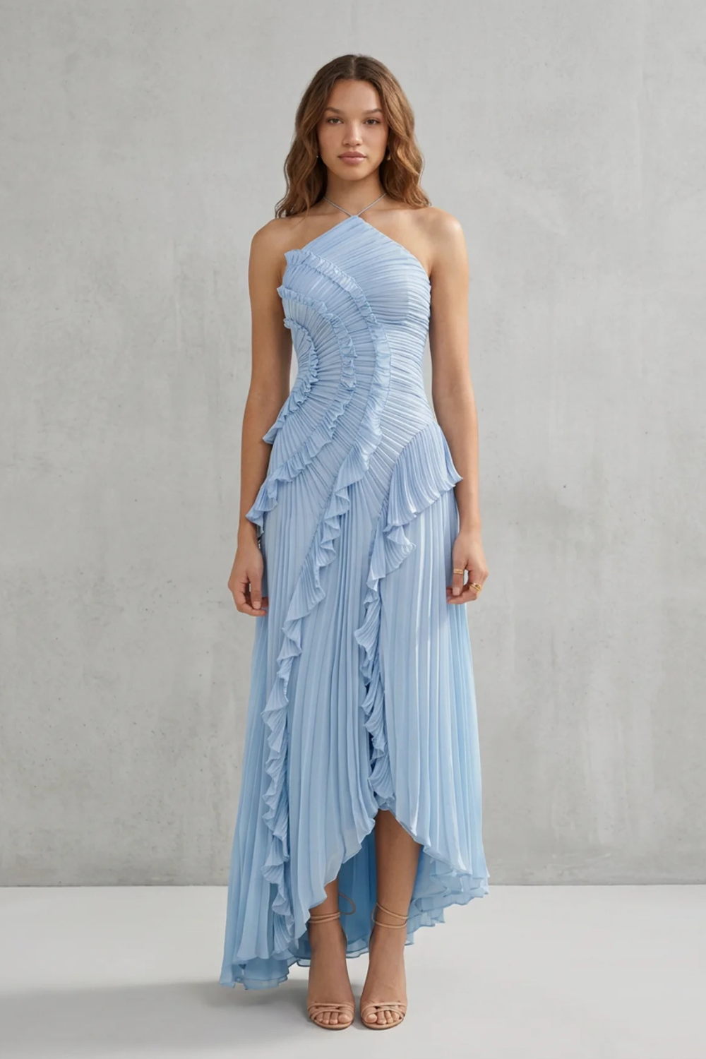 Pink pleated chiffon halter maxi dress with cascading ruffle detail and high-low hem - view 16