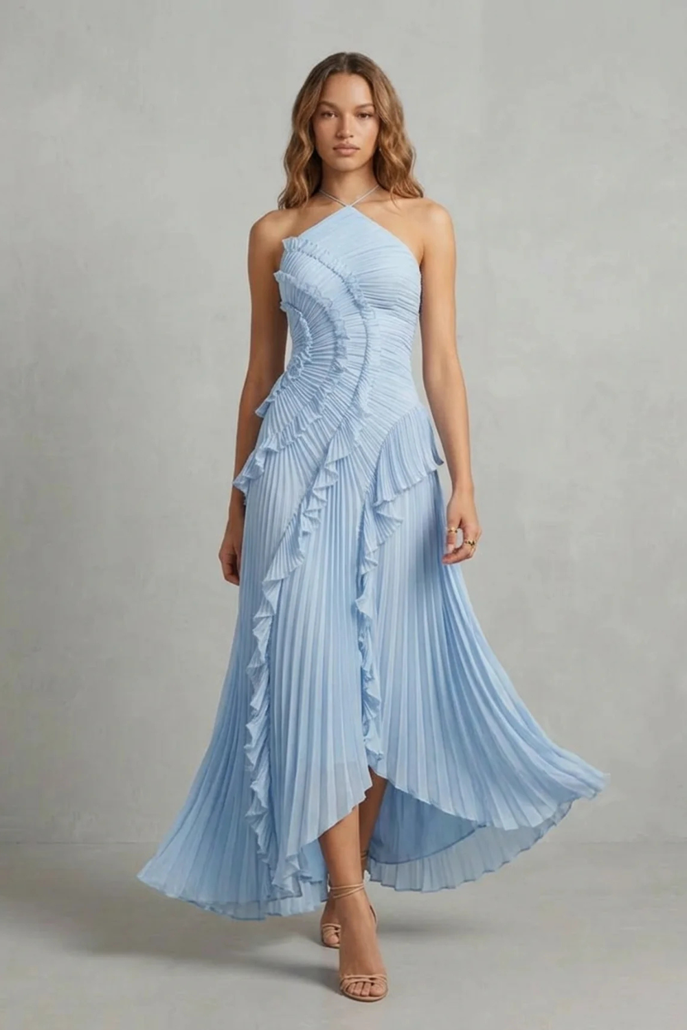 Pink pleated chiffon halter maxi dress with cascading ruffle detail and high-low hem - view 17