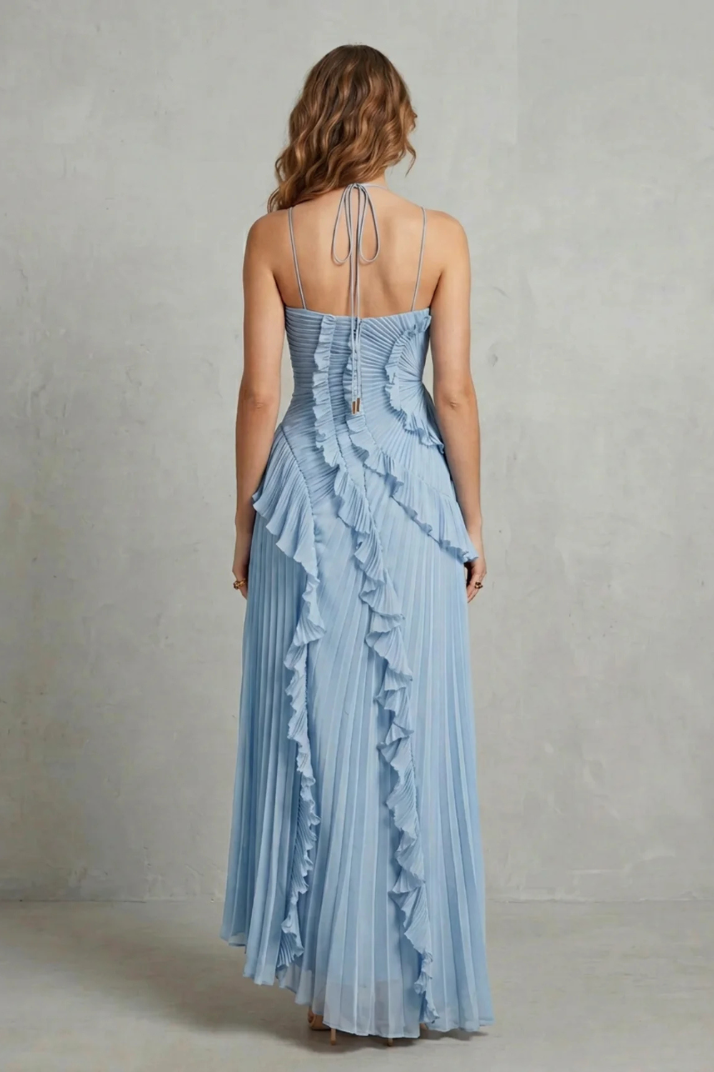 Pink pleated chiffon halter maxi dress with cascading ruffle detail and high-low hem - view 18