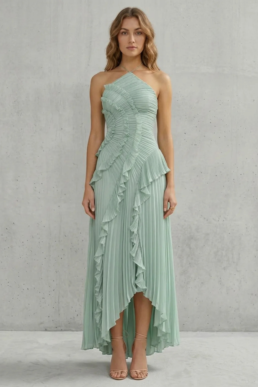 Pink pleated chiffon halter maxi dress with cascading ruffle detail and high-low hem - view 19