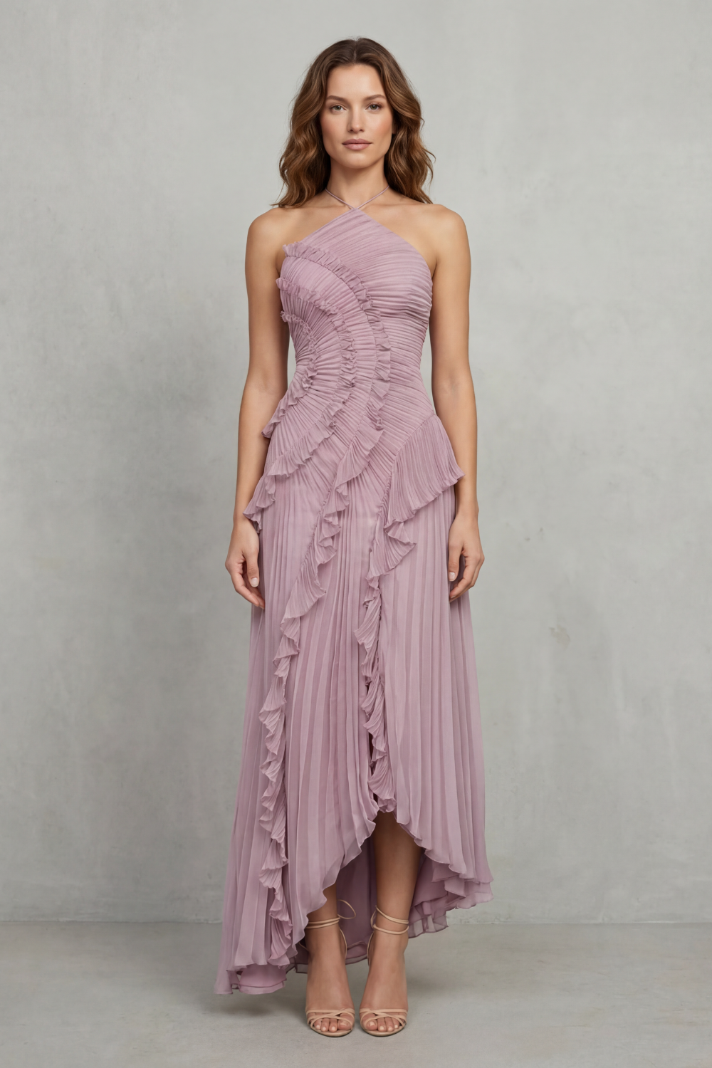 Pink pleated chiffon halter maxi dress with cascading ruffle detail and high-low hem - view 2