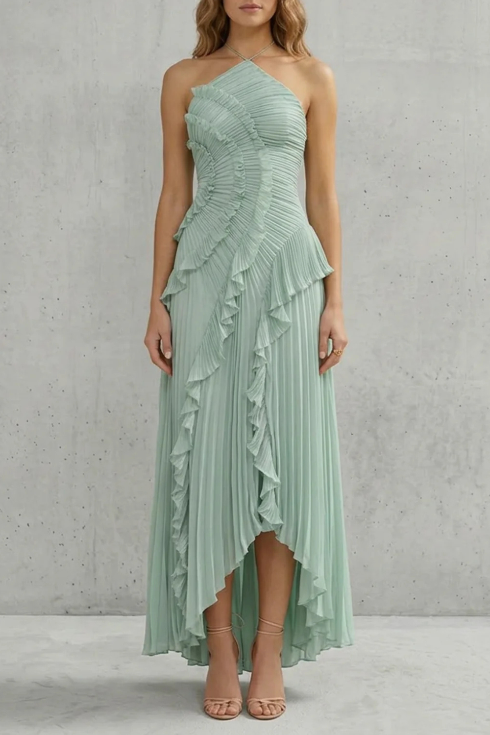 Pink pleated chiffon halter maxi dress with cascading ruffle detail and high-low hem - view 20