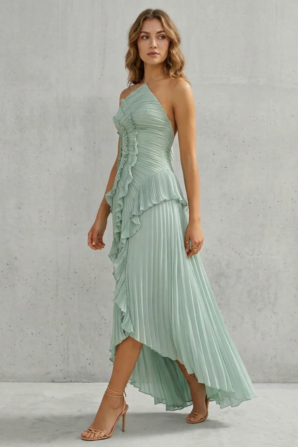 Pink pleated chiffon halter maxi dress with cascading ruffle detail and high-low hem - view 21
