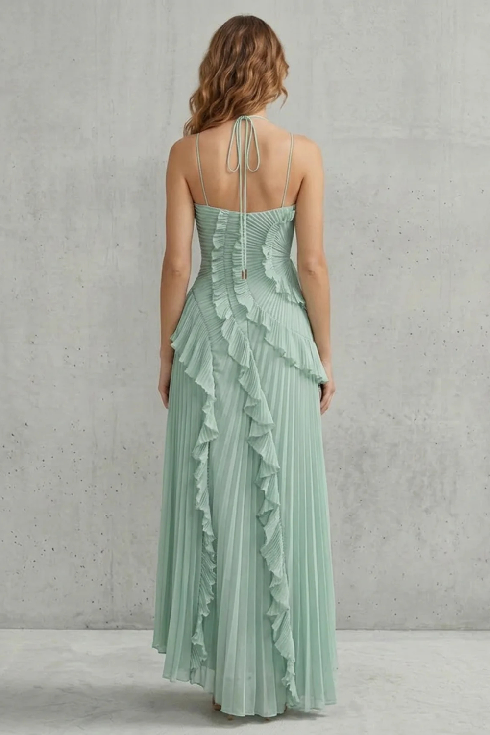 Pink pleated chiffon halter maxi dress with cascading ruffle detail and high-low hem - view 22