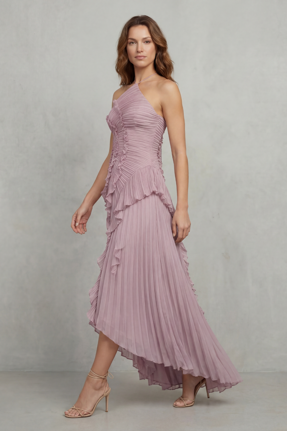 Pink pleated chiffon halter maxi dress with cascading ruffle detail and high-low hem - view 3