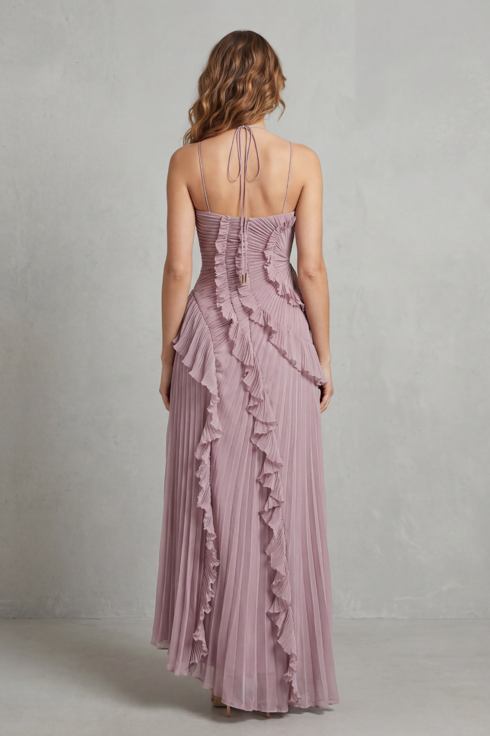 Pink pleated chiffon halter maxi dress with cascading ruffle detail and high-low hem - view 4