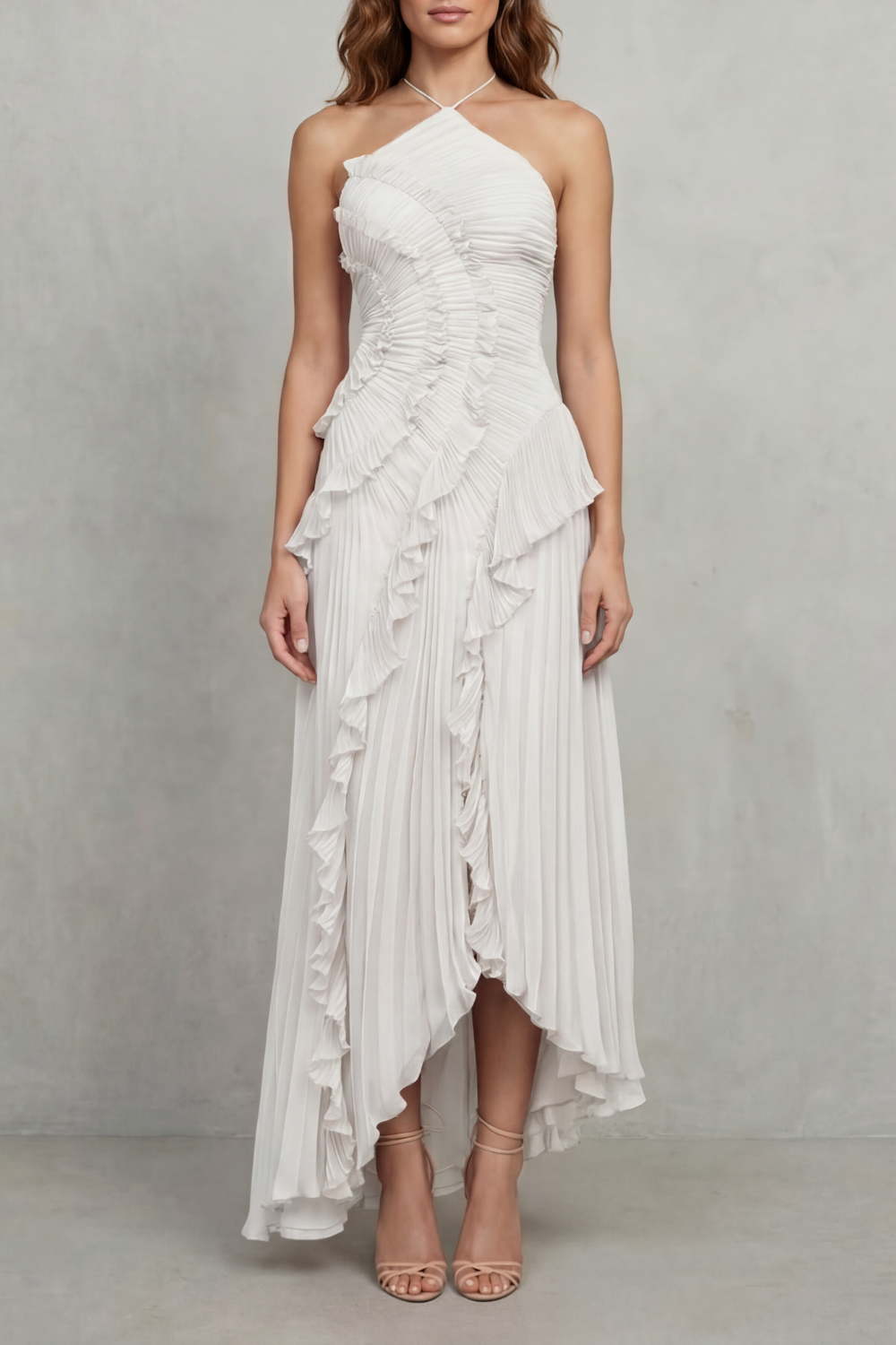 Pink pleated chiffon halter maxi dress with cascading ruffle detail and high-low hem - view 5