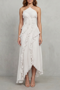 Pink pleated chiffon halter maxi dress with cascading ruffle detail and high-low hem - view 5