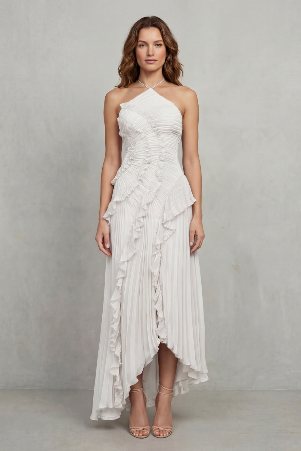 Pink pleated chiffon halter maxi dress with cascading ruffle detail and high-low hem - view 6