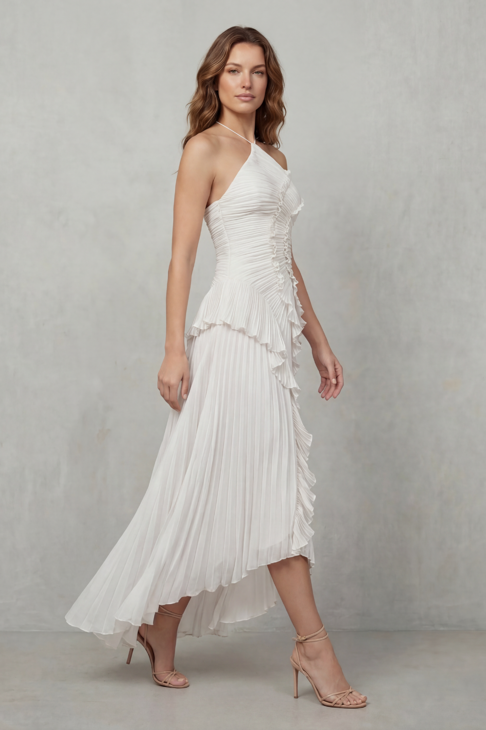 Pink pleated chiffon halter maxi dress with cascading ruffle detail and high-low hem - view 7
