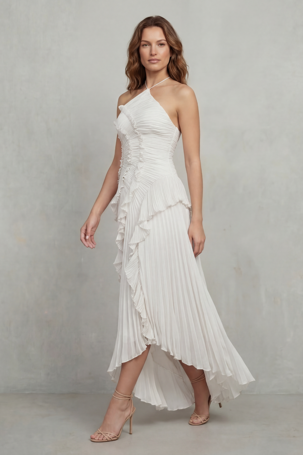 Pink pleated chiffon halter maxi dress with cascading ruffle detail and high-low hem - view 8