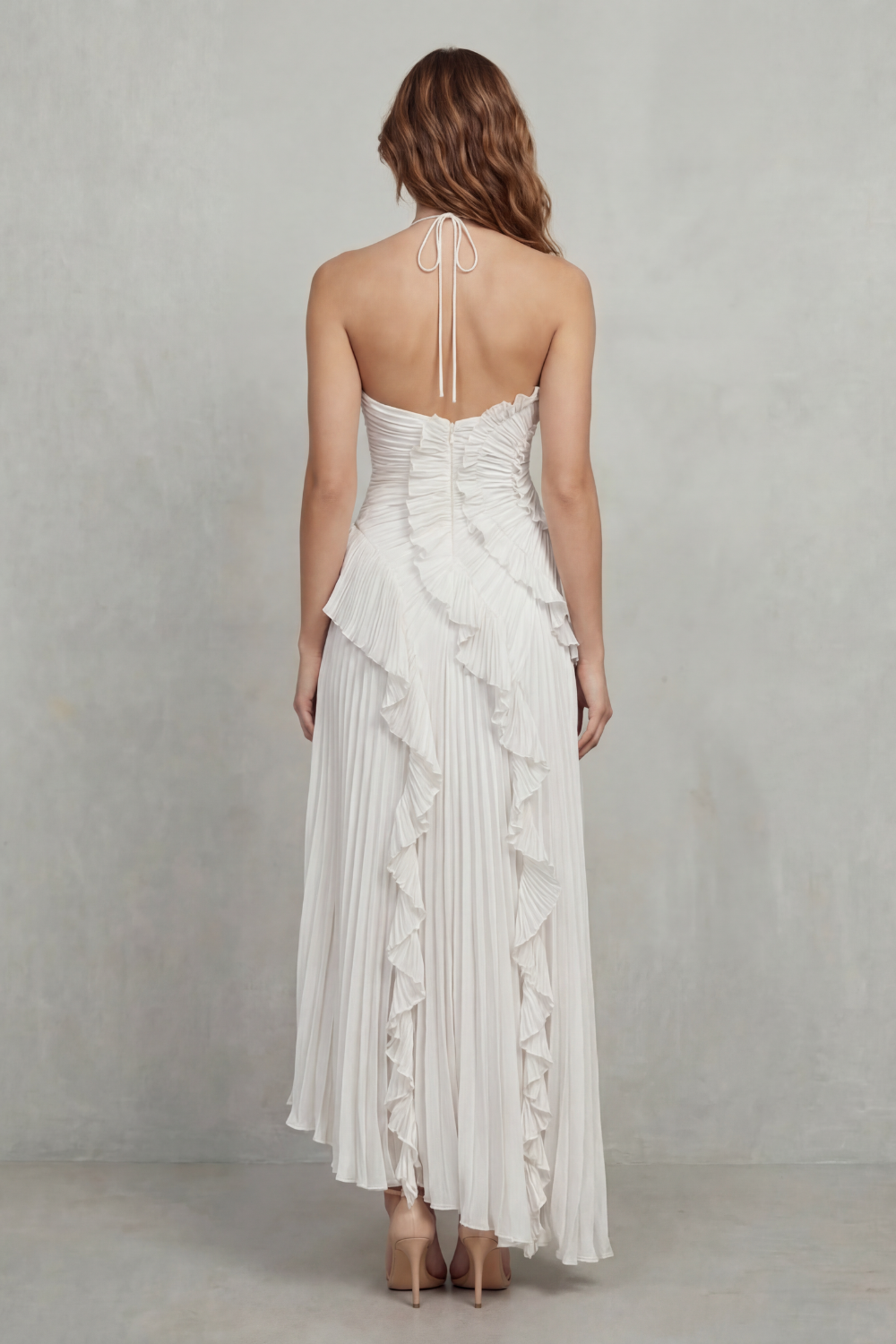 Pink pleated chiffon halter maxi dress with cascading ruffle detail and high-low hem - view 9