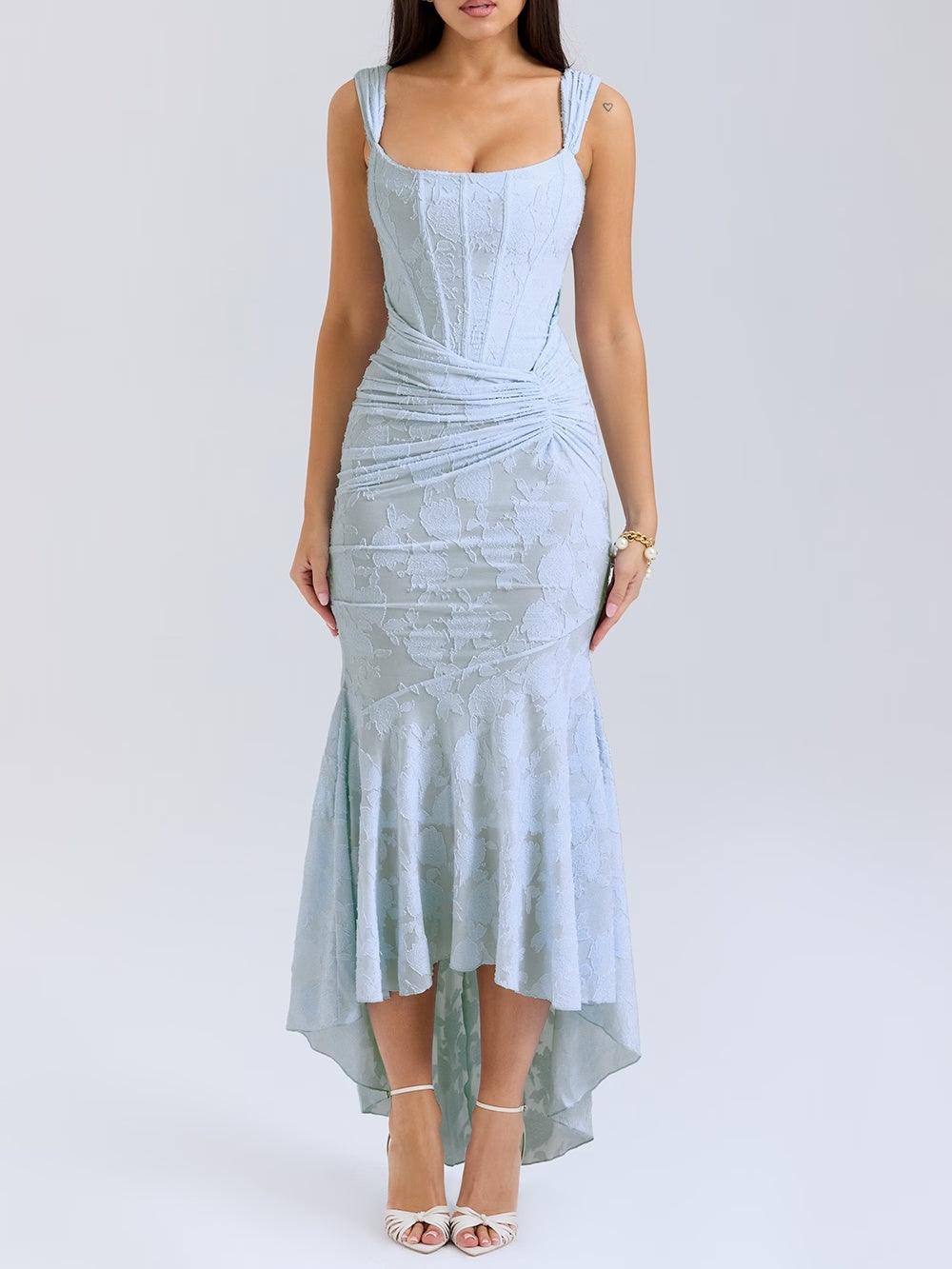 Floral corset formal maxi dress with ruched waist and fishtail hem