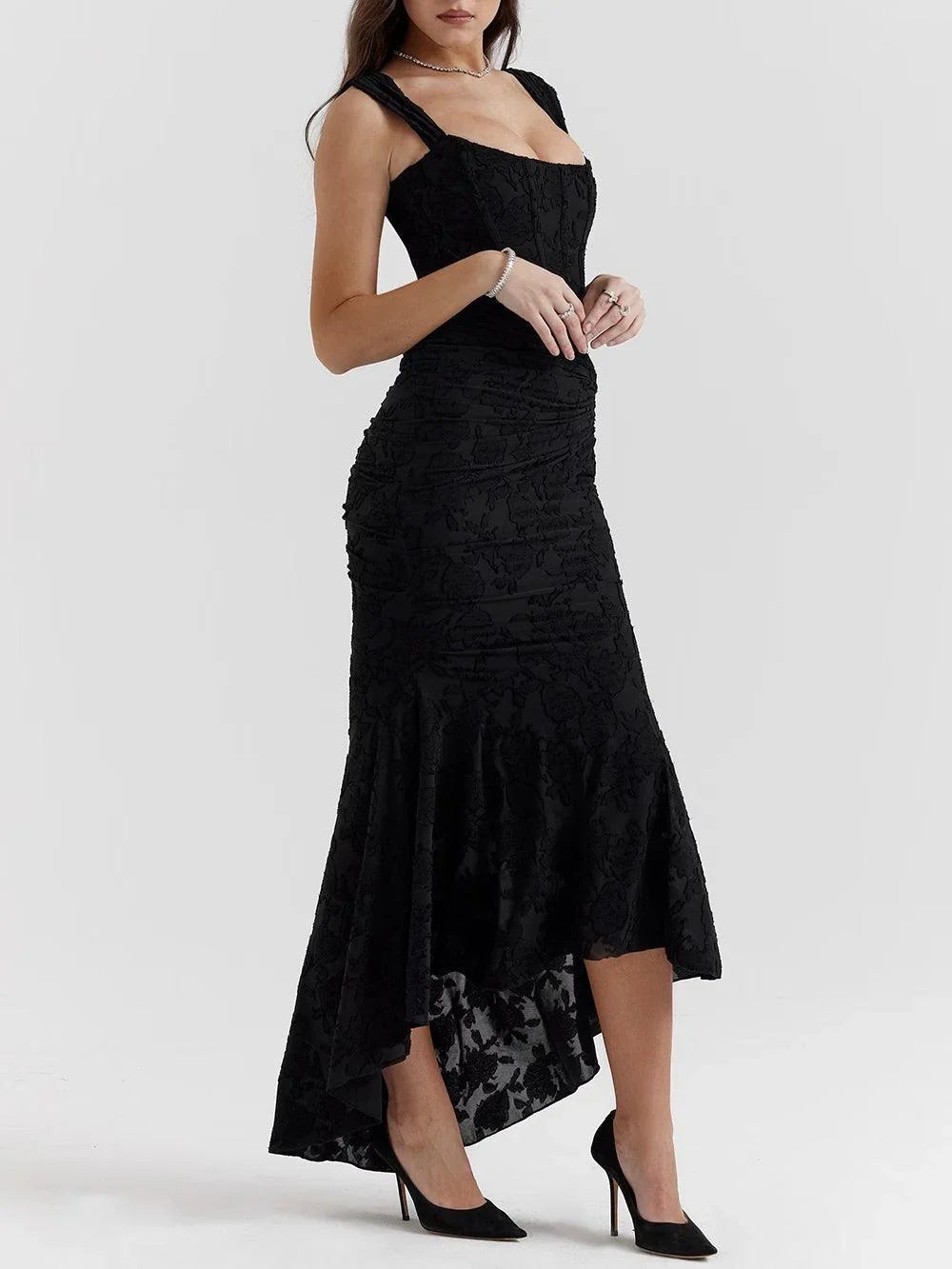 Floral corset formal maxi dress with ruched waist and fishtail hem - view 14