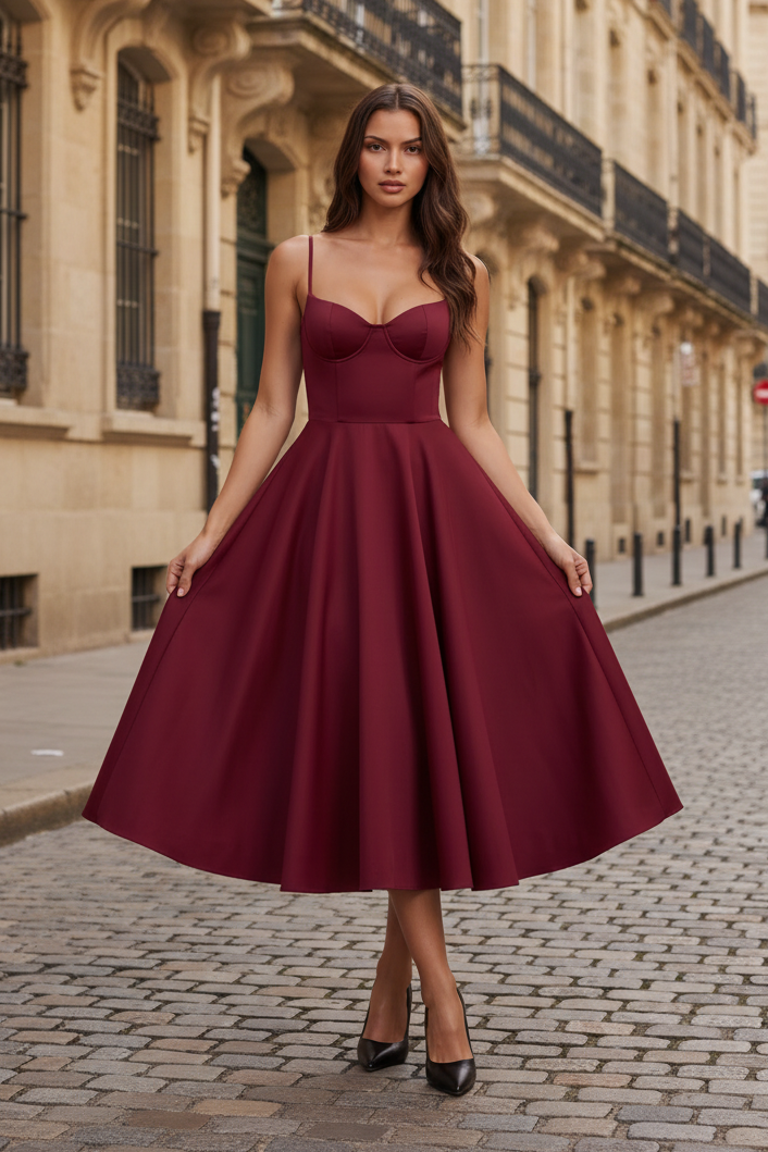 Burgundy sweetheart A-line midi dress with spaghetti straps and full skirt