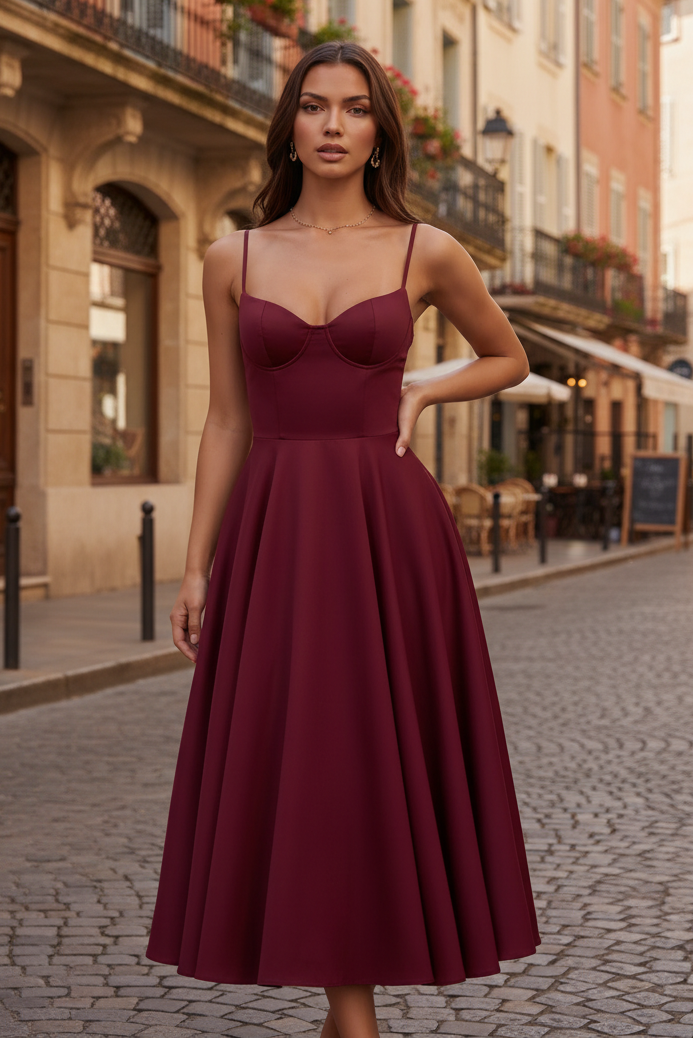 Burgundy sweetheart A-line midi dress with spaghetti straps and full skirt - view 2