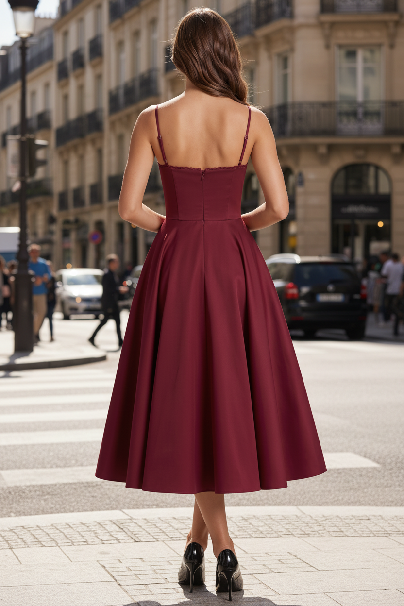 Burgundy sweetheart A-line midi dress with spaghetti straps and full skirt - view 3
