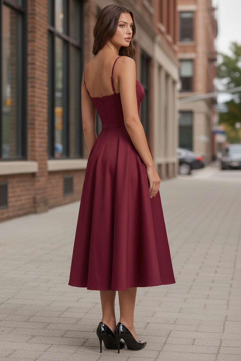 Burgundy sweetheart A-line midi dress with spaghetti straps and full skirt - view 4