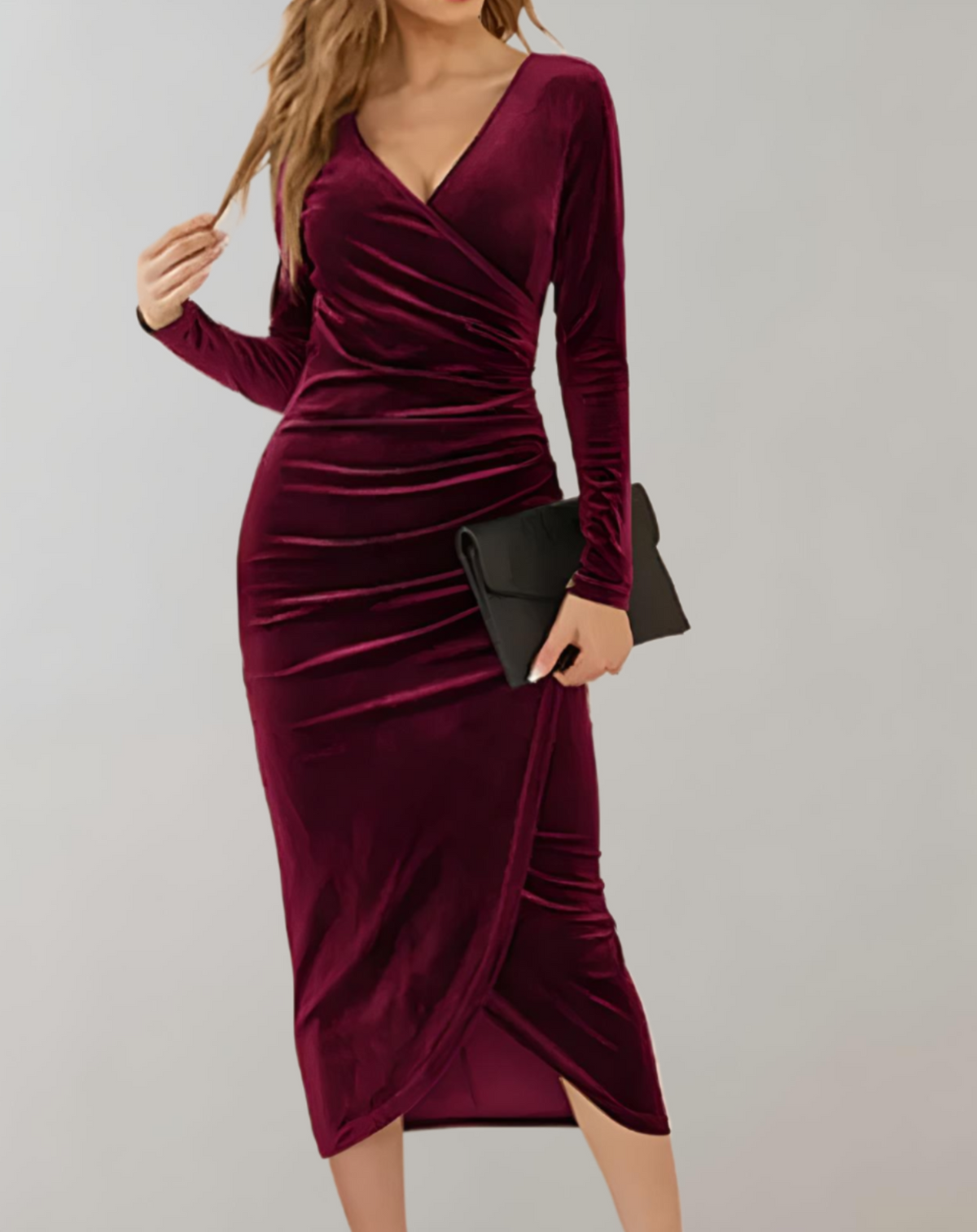 Long sleeve velvet cocktail dress with wrap V-neck, side ruching and midi hem - view 2