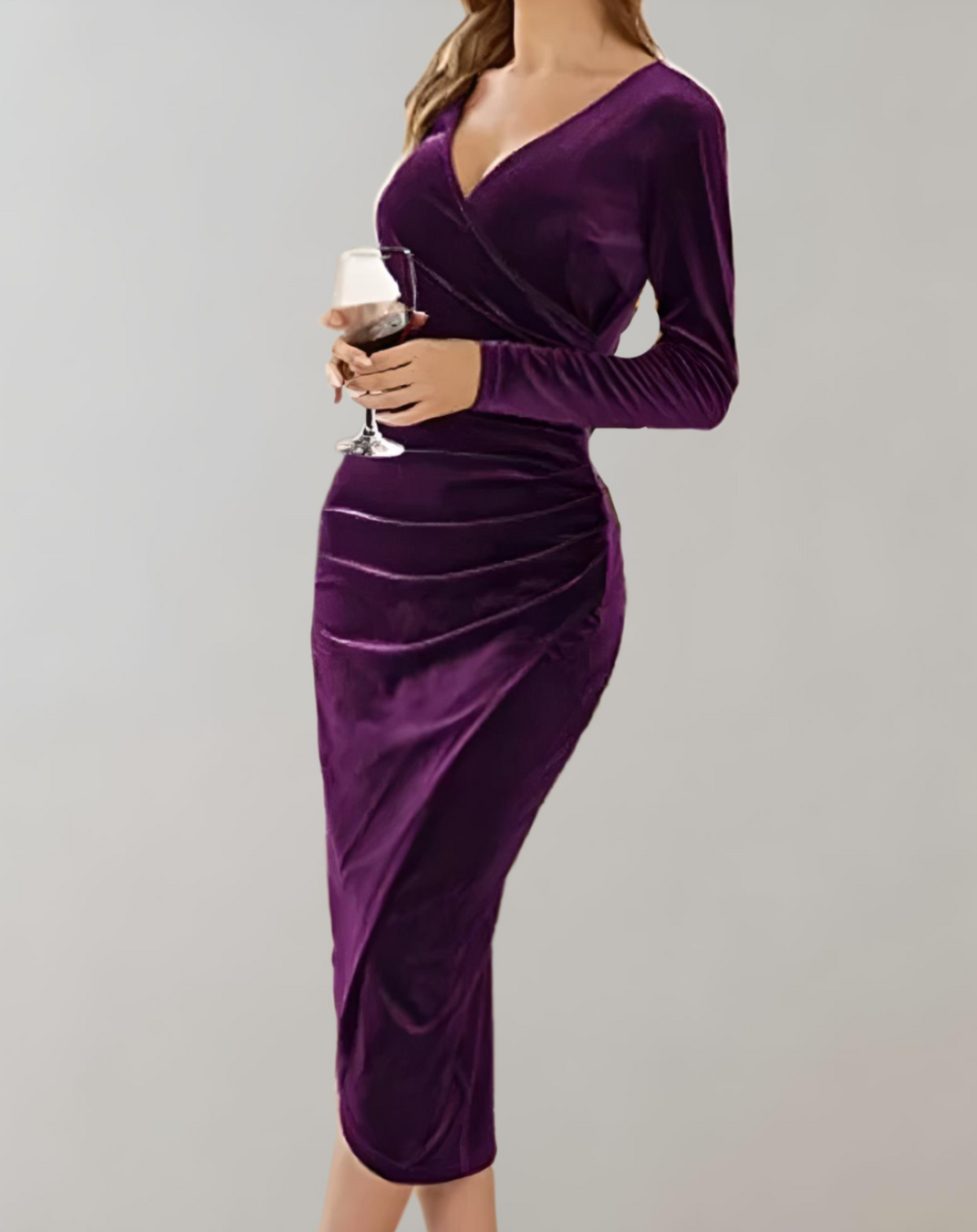 Long sleeve velvet cocktail dress with wrap V-neck, side ruching and midi hem - view 3