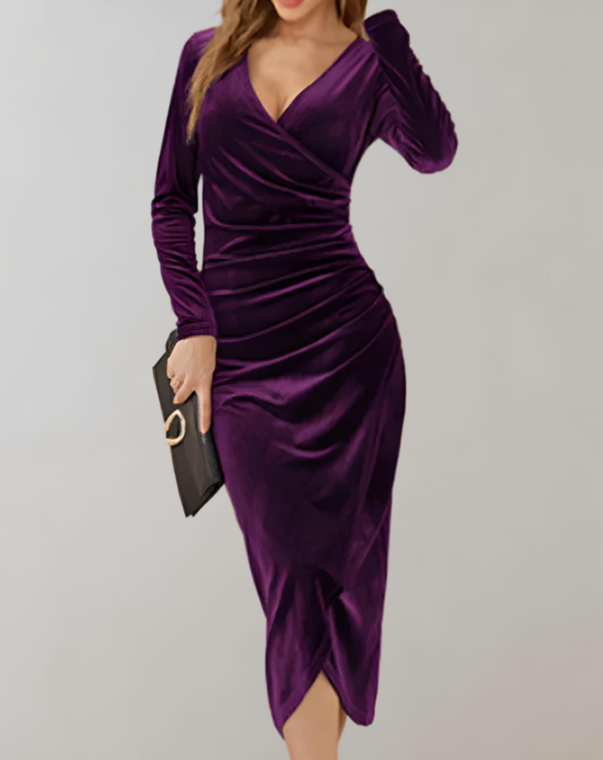 Long sleeve velvet cocktail dress with wrap V-neck, side ruching and midi hem - view 5