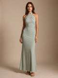 Halter neck formal maxi dress with ruched waist and open twist back