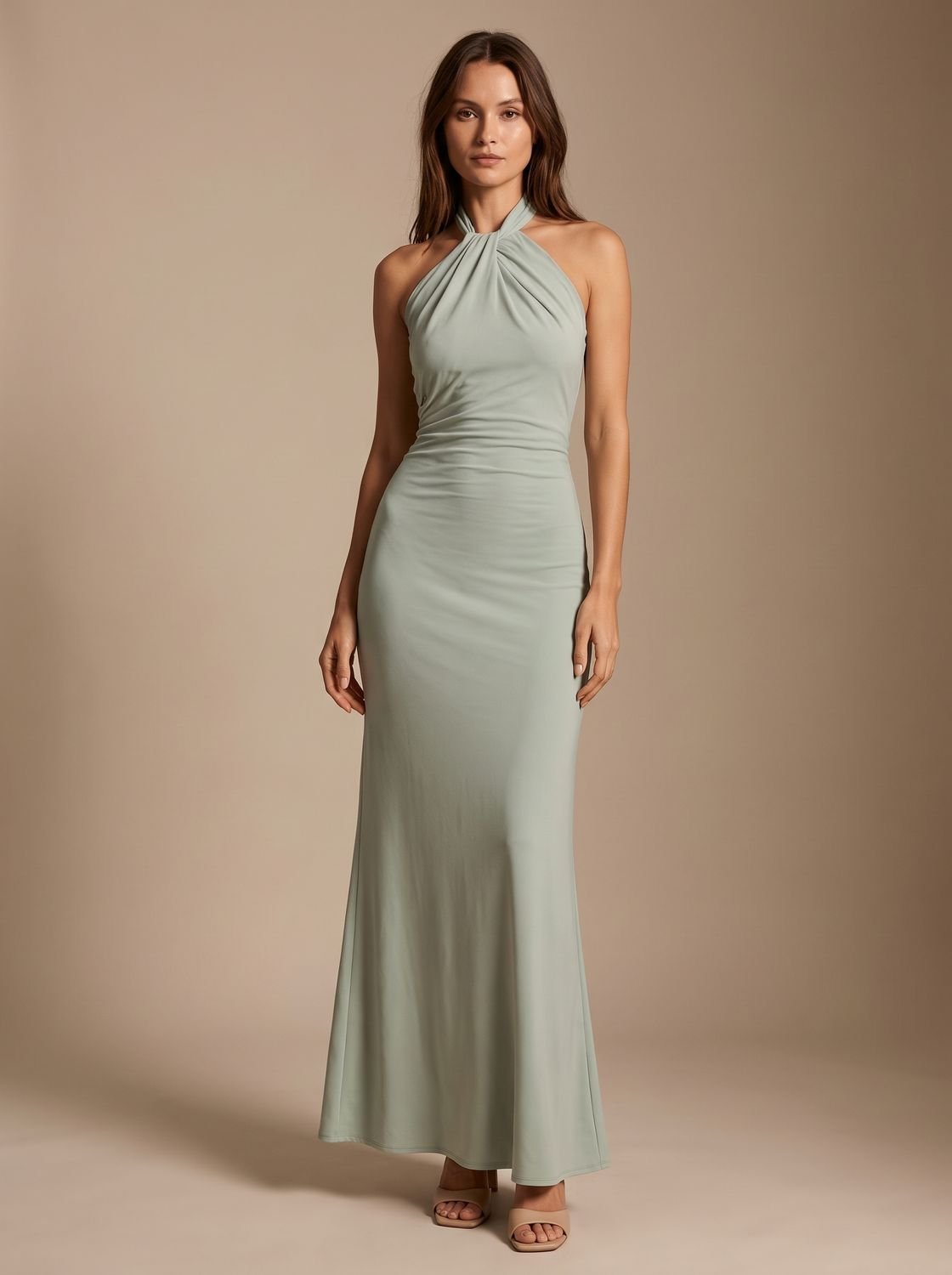 Halter neck formal maxi dress with ruched waist and open twist back