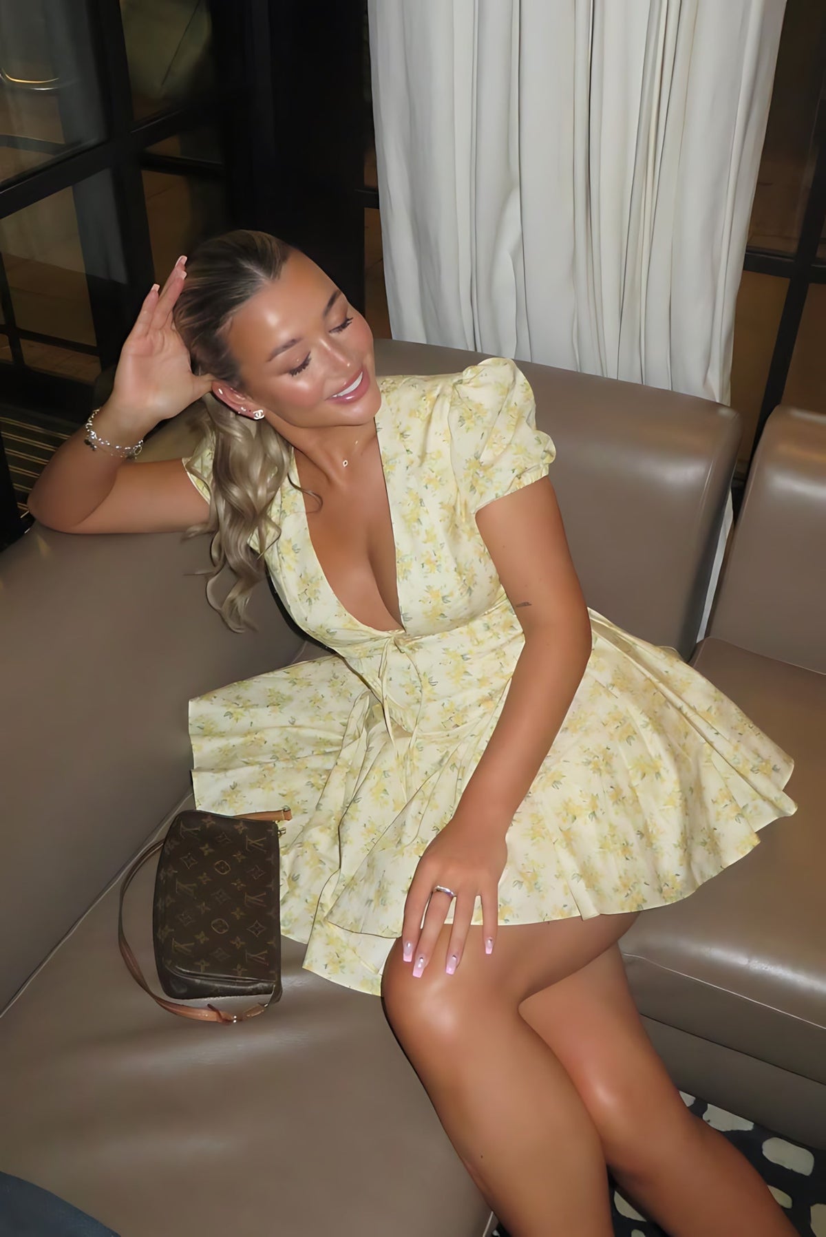 Yellow floral A-line mini dress with puff sleeves and plunging V-neckline - view 10