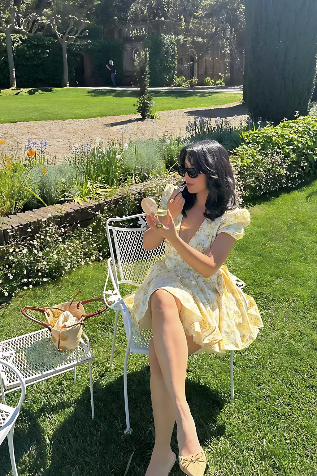 Yellow floral A-line mini dress with puff sleeves and plunging V-neckline - view 11