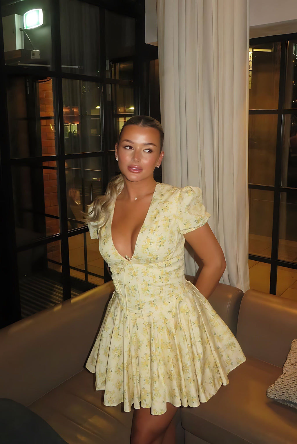 Yellow floral A-line mini dress with puff sleeves and plunging V-neckline - view 12