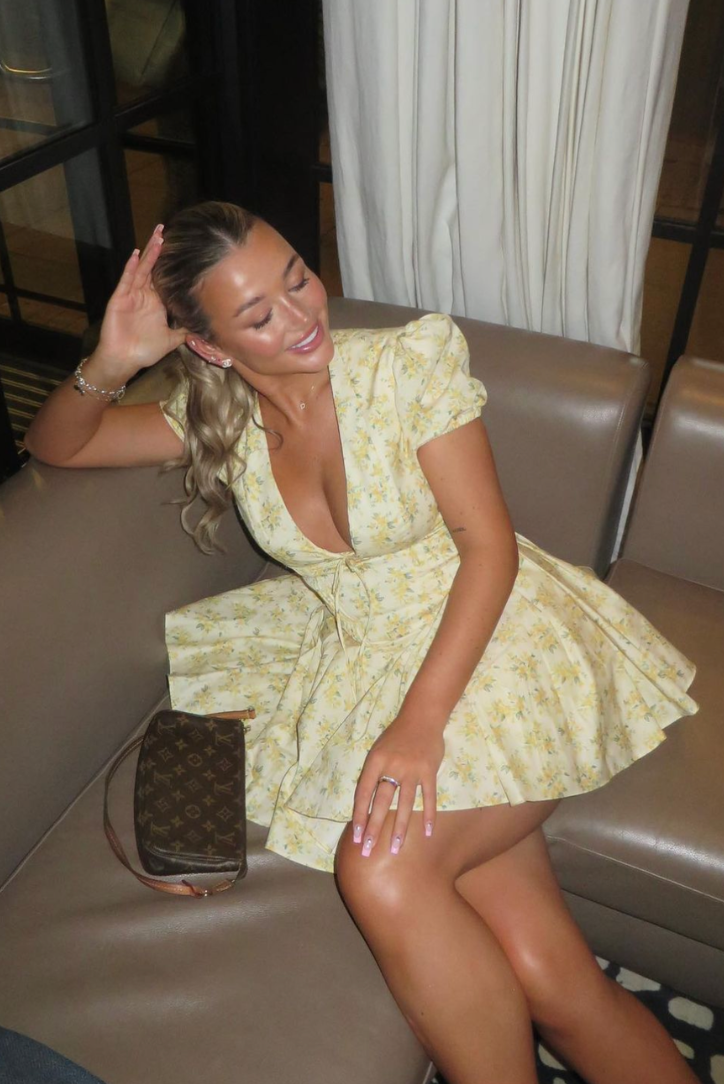 Yellow floral A-line mini dress with puff sleeves and plunging V-neckline - view 19