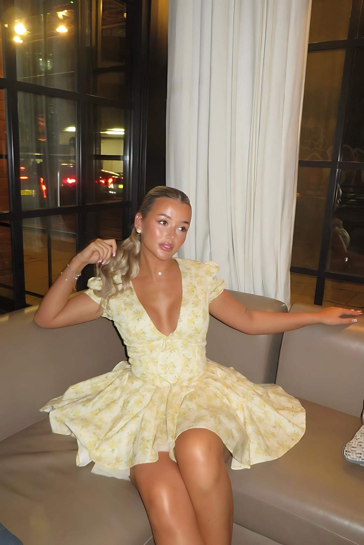 Yellow floral A-line mini dress with puff sleeves and plunging V-neckline - view 8