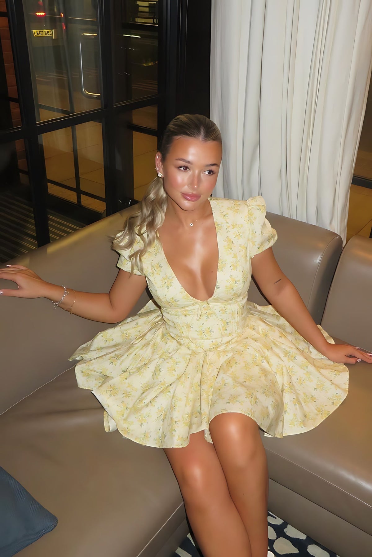 Yellow floral A-line mini dress with puff sleeves and plunging V-neckline - view 9