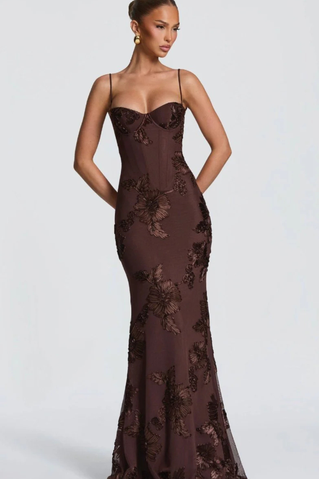 Pale yellow embroidered mermaid formal dress with corset bodice and lace-up open back - view 11